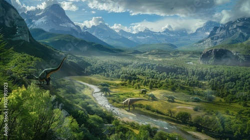 Fototapeta Naklejka Na Ścianę i Meble -  Aerial view of a vibrant Patagonian valley with dinosaurs crossing a river amidst lush forests and majestic mountains