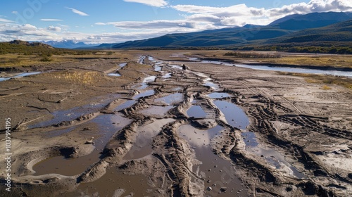 Aerial view of gigantic dinosaur footprints in muddy Patagonian landscape showcasing ancient fossils