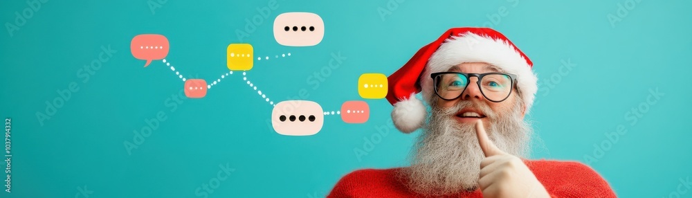 Santa Claus in a festive hat, thinking with speech bubbles, colorful background.