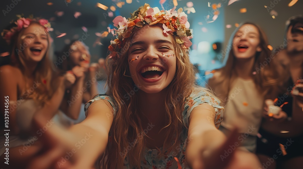 Joyful young women celebrating together with flower crowns and confetti. Joyful young women celebrating together with flower crowns and confetti.