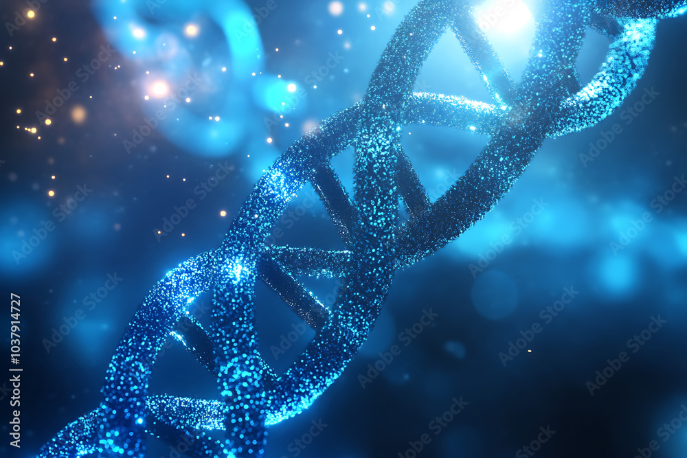 A digital representation of a DNA double helix in a glowing, blue environment.
