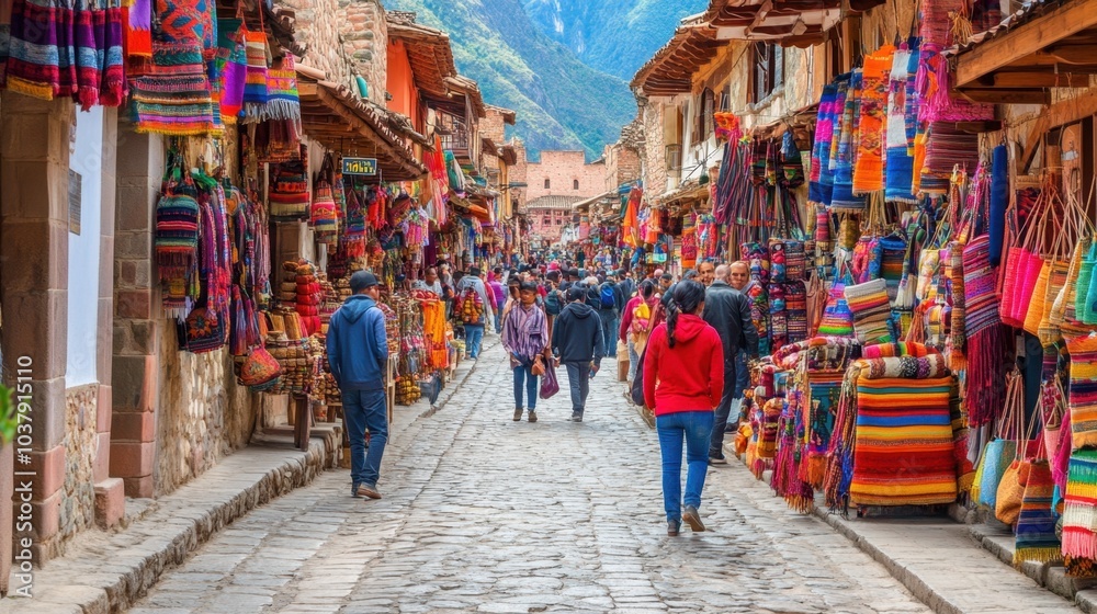Fototapeta premium Colorful Street Market in Peru with Woven Goods and Local Crafts