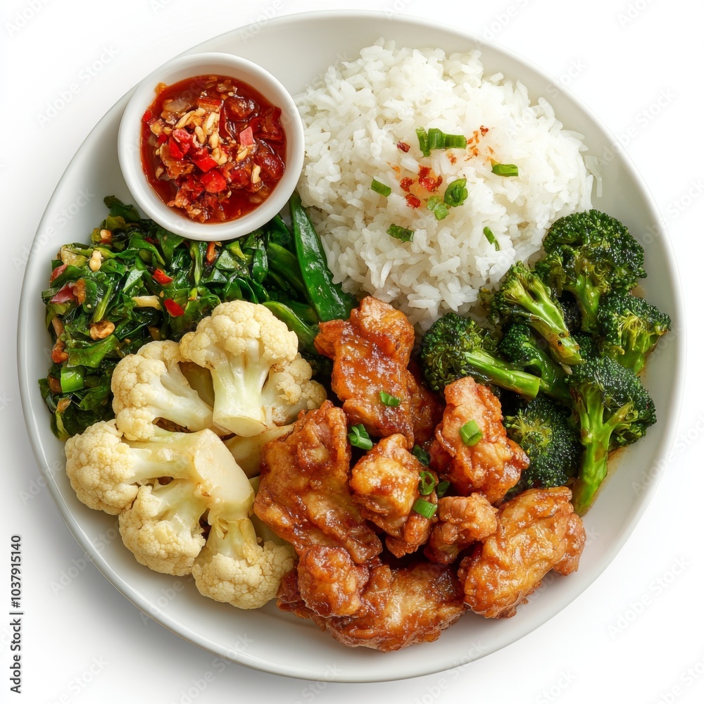 malaysian fastfood plate with green vegetables, fried chicken, stir-fried broccoli and cauliflower with garlic, and white rice, on the white plate malaysian fastfood plate with green vegetables, fried chicken, stir-fried broccoli and cauliflower with garlic, and white rice, on the white plate