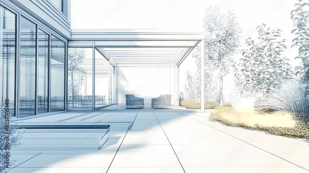 Fototapeta premium 3D render of building wireframe structure. London garden in summer with patio. Abstract construction graphic idea.