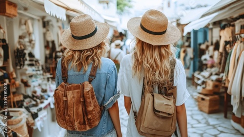 Fototapeta Naklejka Na Ścianę i Meble -  Santorini Shopping Two Tourists Explore White Washed Streets