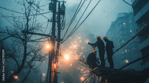 Emergency workers restore power lines in a darkened city after a hurricane, showcasing their dedication and teamwork amid flying sparks