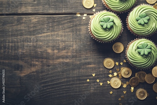 Green cupcakes, gold coins and shamrocks are arranged on a wooden table, ready for St. Patrick's Day celebrations. photo