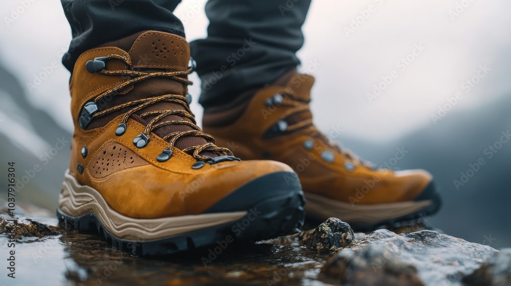 A shoe seller showcases durable waterproof hiking boots with a sturdy design in outdoor lighting during a hiking gear demonstration A shoe seller showcases durable waterproof hiking boots with a sturdy design in outdoor lighting during a hiking gear demonstration