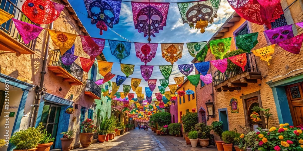 Fototapeta premium In a picturesque Mexican village, colorful papel picado fills the streets, creating a lively atmosphere for Day of
