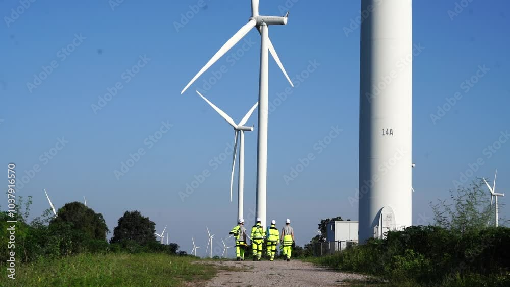 Team of male engineers in uniforms are walking around surveying and inspecting wind turbines. Wind turbine station brings wind to generate electricity. Clean energy concept. Team of male engineers in uniforms are walking around surveying and inspecting wind turbines. Wind turbine station brings wind to generate electricity. Clean energy concept.