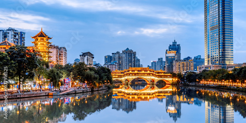 Night Scenery of Anshun Bridge and Urban Skyline in Chengdu, Sichuan, China photo