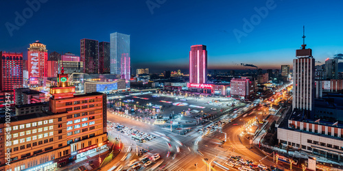 New Year Night Light Show at Xinhua Square in Hohhot, Inner Mongolia, China photo