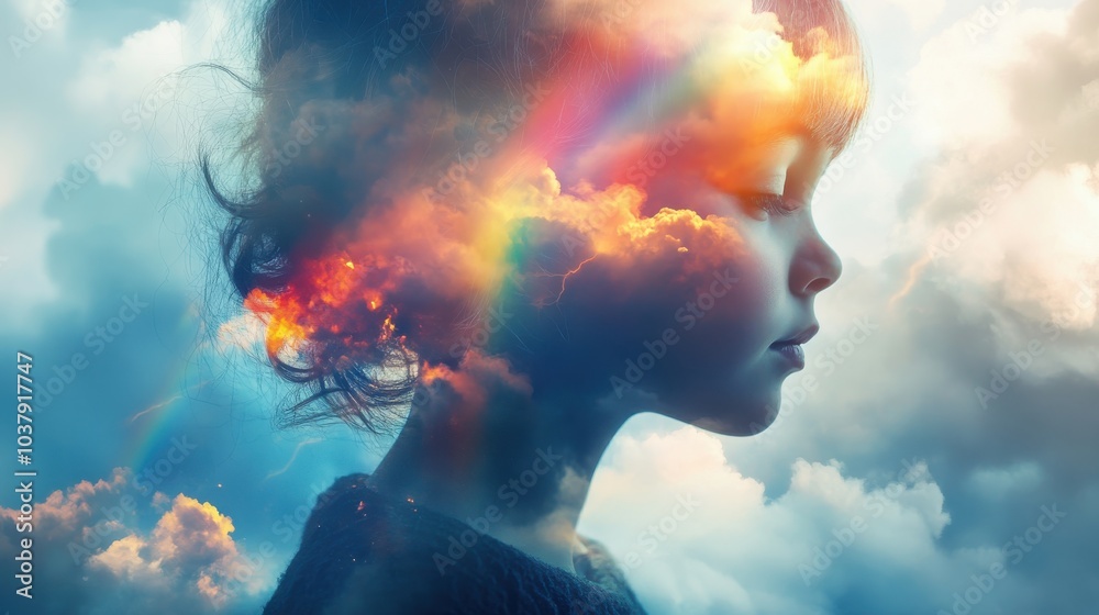 A child merges with clouds, lightning, and rainbows, showcasing their unique ability to create and control weather in a vibrant landscape A child merges with clouds, lightning, and rainbows, showcasing their unique ability to create and control weather in a vibrant landscape