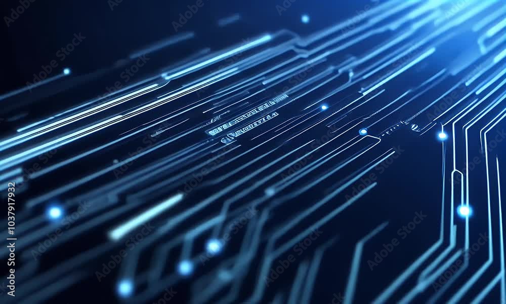 Blue technology background with circuit board lines and glowing dots on dark blue background vector illustration