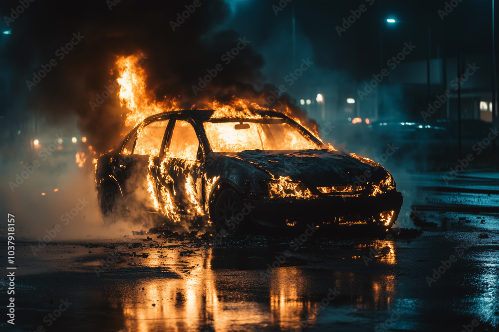 Car accident where the car was on fire after the crash, firefighters and rescue workers are working to put out the intense fire.
