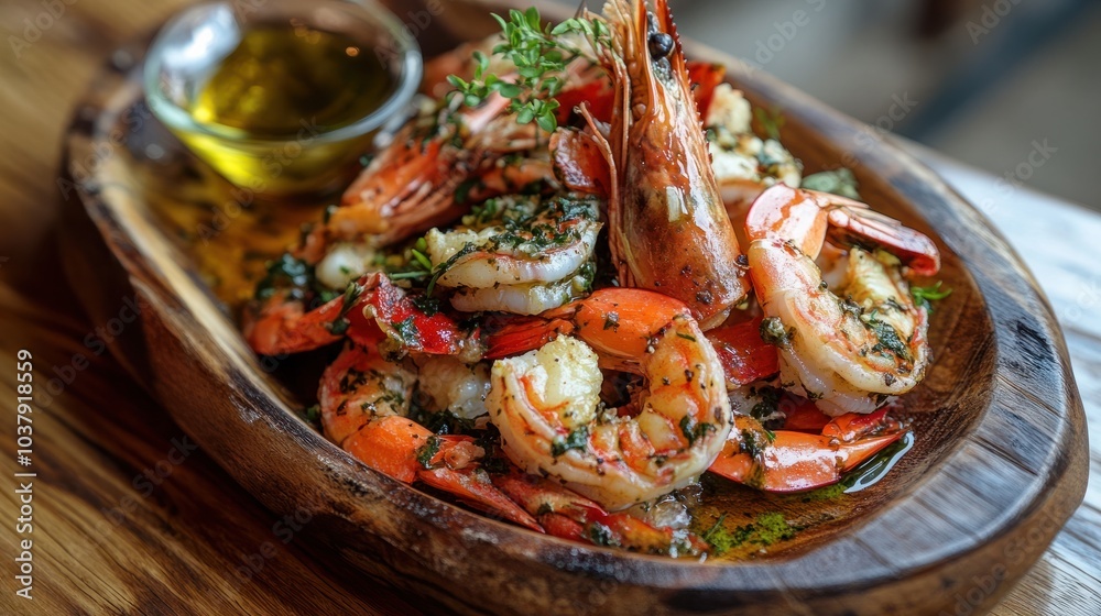 A Mediterranean-style shrimp dish with giant prawns, olive oil, and herbs, served on a rustic wooden platter. A Mediterranean-style shrimp dish with giant prawns, olive oil, and herbs, served on a rustic wooden platter.