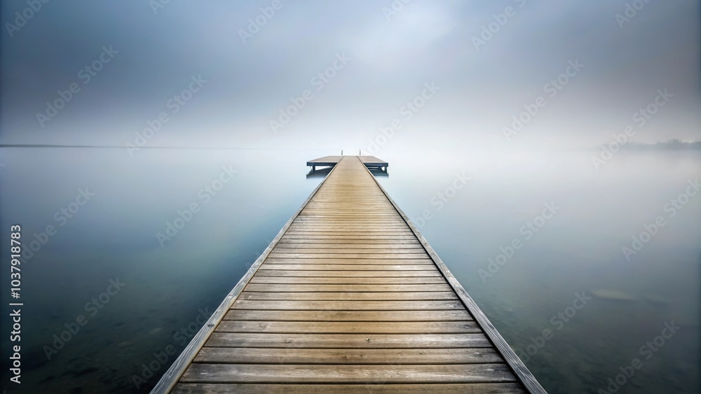 Obraz premium Serene wooden piers extending into misty waters reflecting the sky
