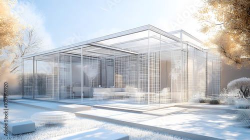 3D render of building wireframe structure. London garden in summer with patio. Abstract construction graphic idea.