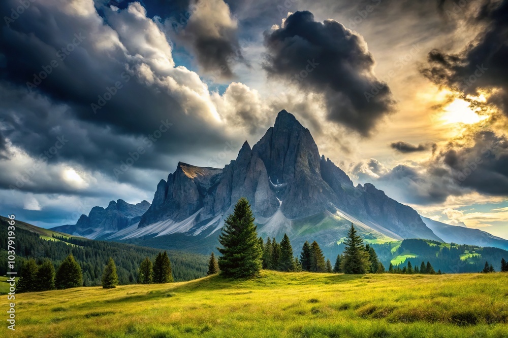 Fototapeta premium Silhouette landscape of meadow and jagged peak under overcast sky