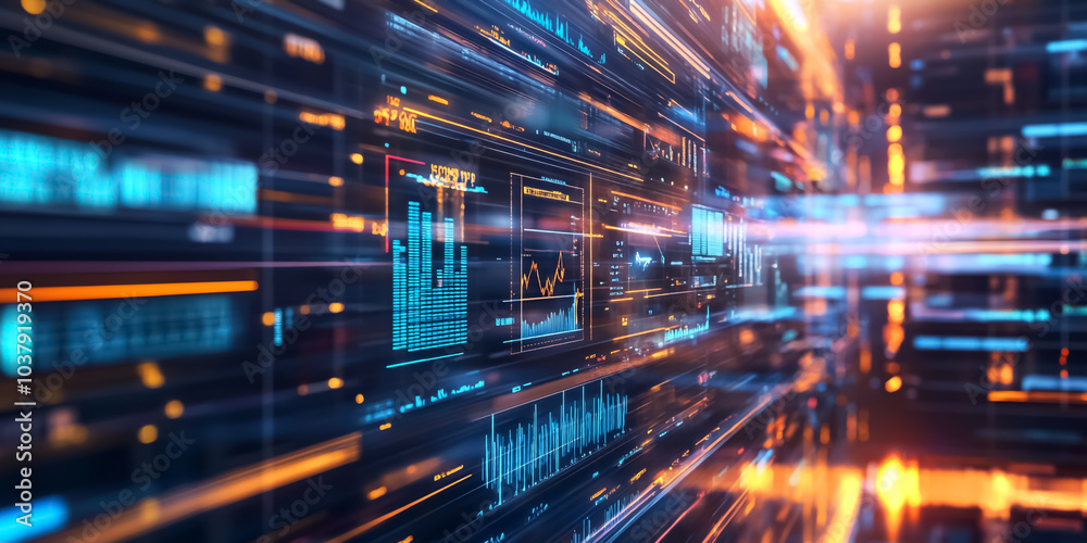 Holographic Data Display: A transparent holographic interface with multiple layers of information, charts, and graphs floating in mid-air. Holographic Data Display: A transparent holographic interface with multiple layers of information, charts, and graphs floating in mid-air.