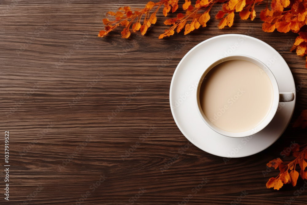 The tea in a white cup, placed on a saucer, with autumn branches laid around. The tea in a white cup, placed on a saucer, with autumn branches laid around.
