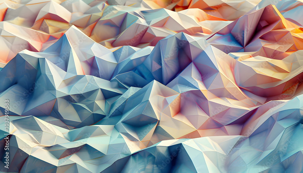 A stunning abstract representation of colorful, faceted mountain ranges in soft pastel hues, evoking a sense of tranquility and depth. A stunning abstract representation of colorful, faceted mountain ranges in soft pastel hues, evoking a sense of tranquility and depth.