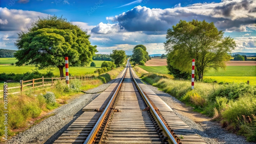 Obraz premium Scenic road with railway crossing in rural area reflected on water