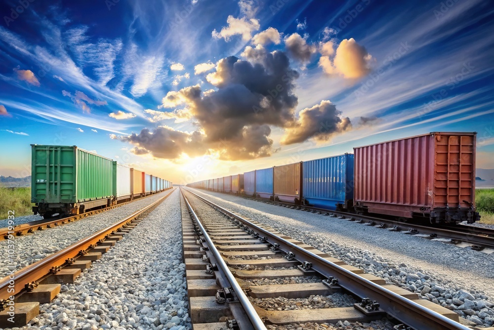 Silhouette of container trains on railway track against sky blue background with clouds Silhouette of container trains on railway track against sky blue background with clouds