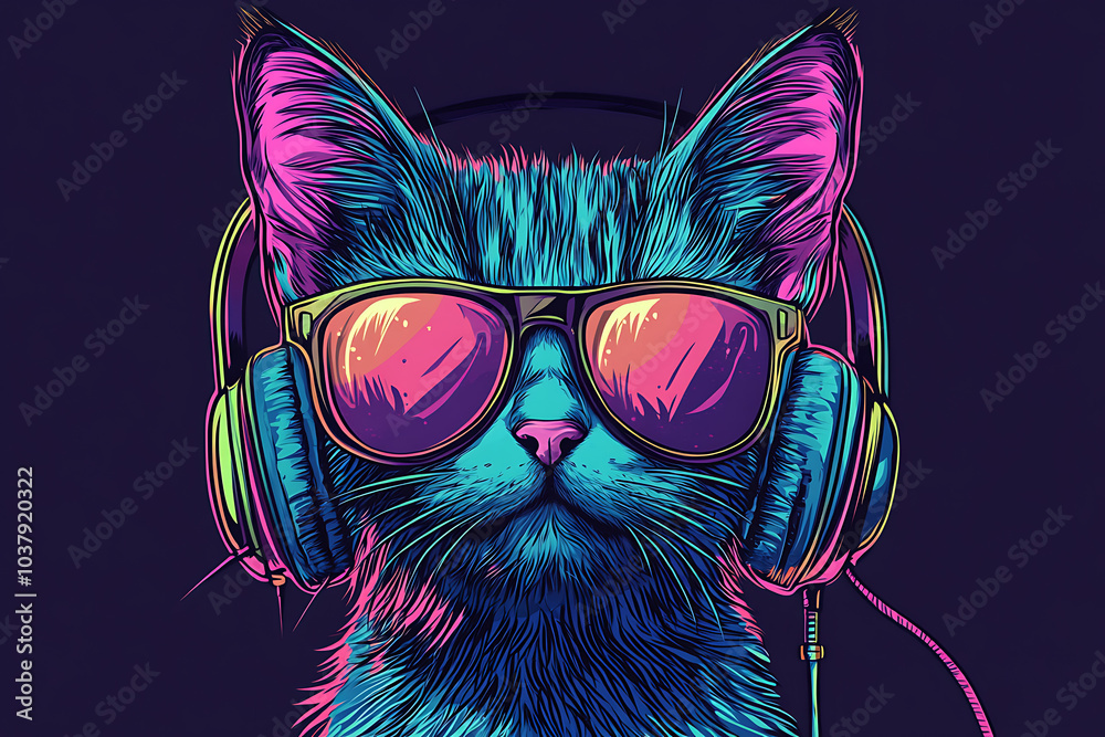Fototapeta A vibrant, stylized cat wearing headphones and sunglasses against a dark background.