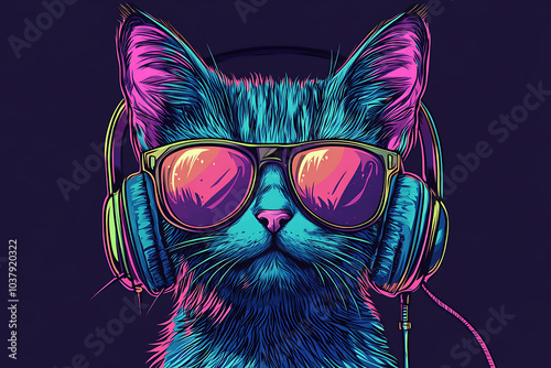 A vibrant, stylized cat wearing headphones and sunglasses against a dark background.