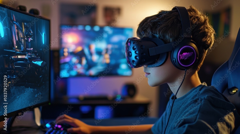 Teen Immersed in Virtual World Gaming with VR Headset in Modern Tech Environment