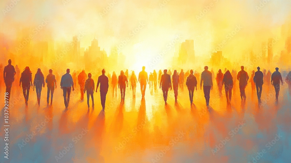 Silhouettes of People Walking Towards a Bright Cityscape at Sunset Silhouettes of People Walking Towards a Bright Cityscape at Sunset