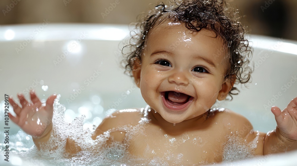 Happy Baby Enjoying Bath Time with Curly Hair