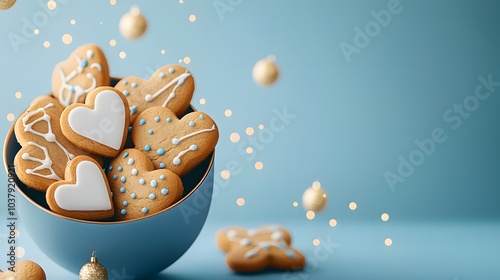 A minimalist branding image for Holiday Treat Baskets, featuring unquie gingerbread cookies, exuding happy in Christmas, Holiday and New Year theme photo