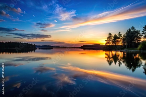 Silhouette evening lake landscape