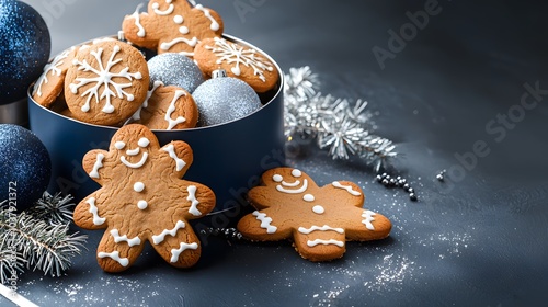 A minimalist branding image for Holiday Treat Baskets, featuring unquie gingerbread cookies, exuding happy in Christmas, Holiday and New Year theme photo