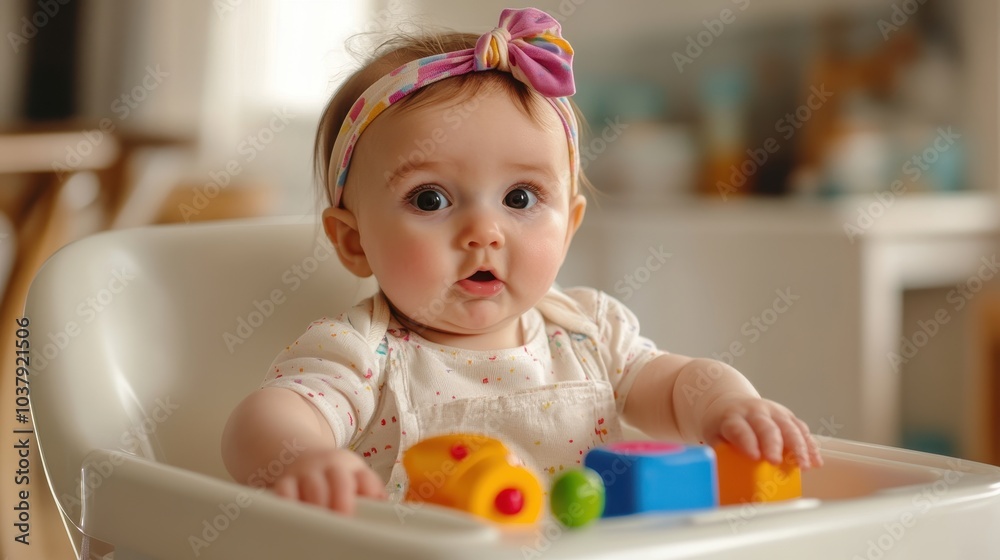 Cute Baby Girl in High Chair with Colorful Blocks Cute Baby Girl in High Chair with Colorful Blocks