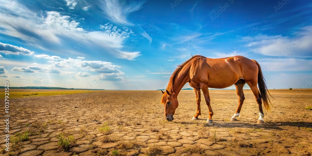 Fototapeta premium Sorrel horse grazing on dry pasture field during summer drought
