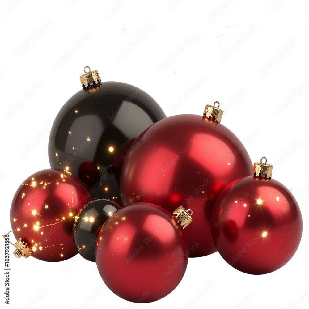 Red and black Christmas baubles with reflections and glitter on transparent background Red and black Christmas baubles with reflections and glitter on transparent background