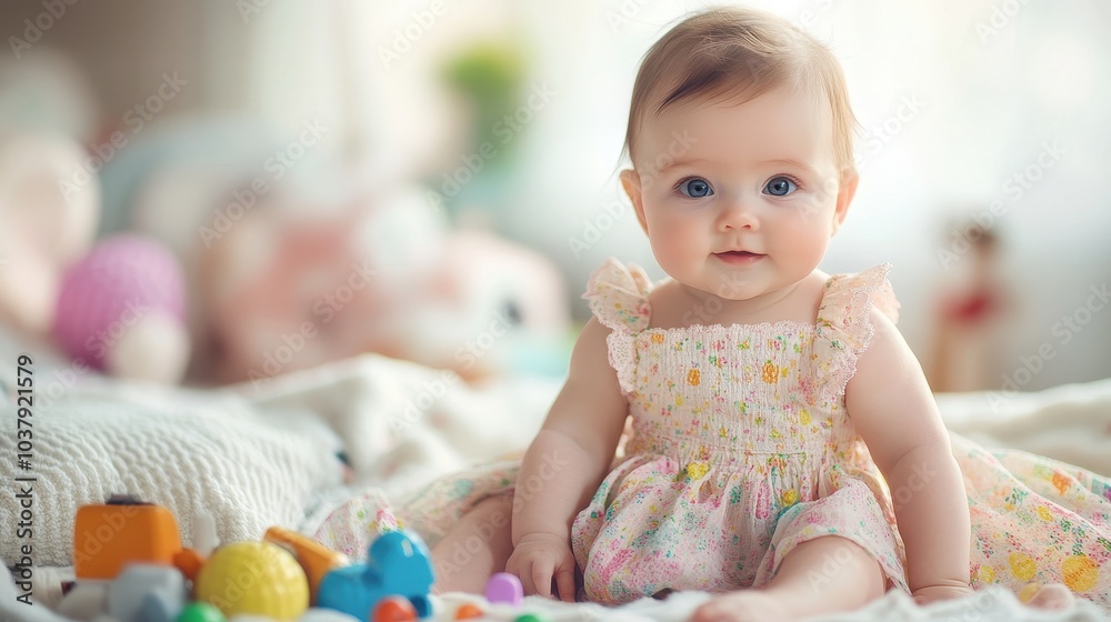 Sweet Baby Girl in Pastel Dress Surrounded by Toys Sweet Baby Girl in Pastel Dress Surrounded by Toys