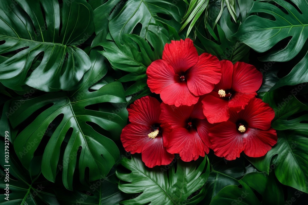 Hibiscus flowers in a retro-style poster, with bold red blooms and stylized tropical leaves in muted, vintage tones Hibiscus flowers in a retro-style poster, with bold red blooms and stylized tropical leaves in muted, vintage tones
