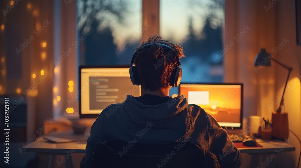 Obraz premium Morning Light Virtual Learning: Male Student Engaged in Online Training Class with Headphones, Taking Notes on Computer - Simplistic Aesthetic Isometric View