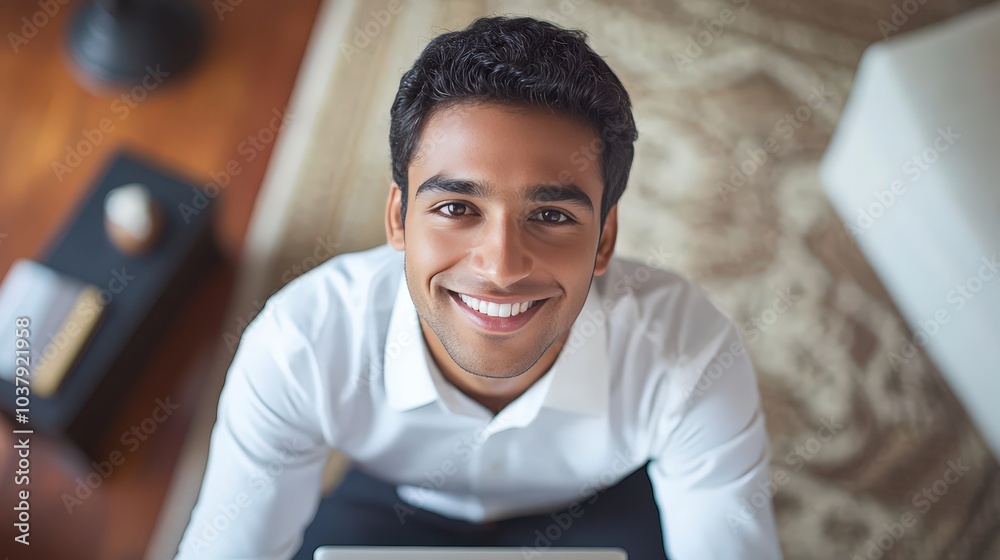 Smiling Indian Man Studying and Working from Home: Virtual Education and Remote Workspace Concept Smiling Indian Man Studying and Working from Home: Virtual Education and Remote Workspace Concept
