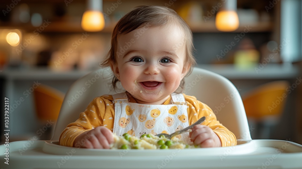 Happy Baby Girl Enjoying Meal in High Chair Happy Baby Girl Enjoying Meal in High Chair