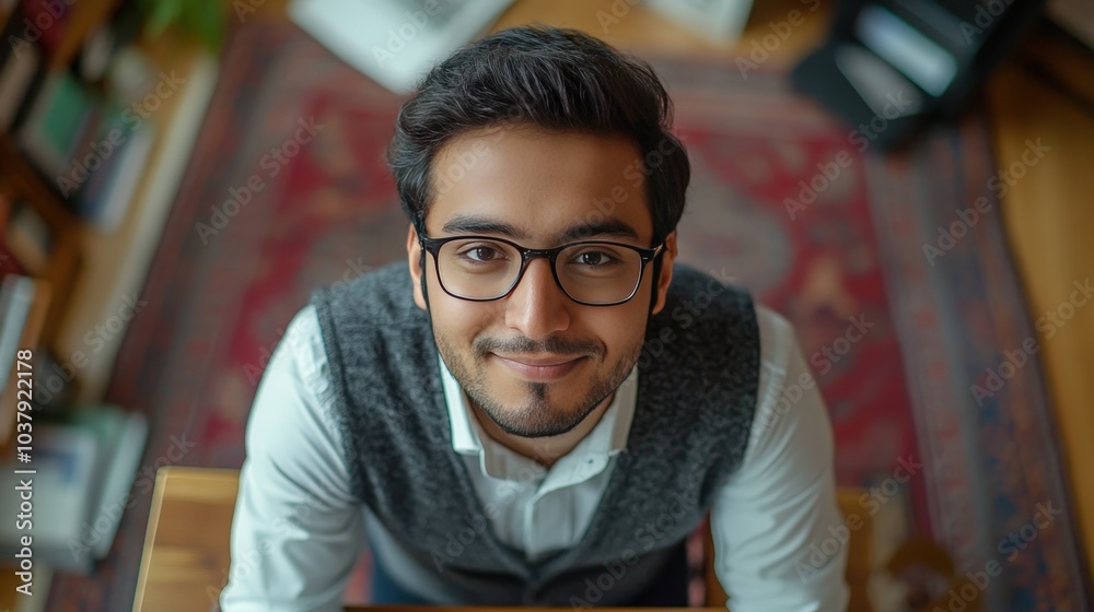 Smiling Indian Man Working on Laptop at Home Office - Online Education Concept in Top-Down Circular Arrangement Smiling Indian Man Working on Laptop at Home Office - Online Education Concept in Top-Down Circular Arrangement