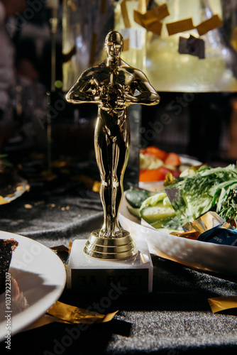 An elegant gold oscar statue is proudly sitting on a beautifully arranged table next to an assortment of delicious plates of food