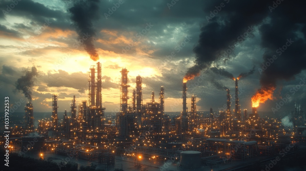 A refinery complex under dramatic skies symbolizing industry, energy production, and atmospheric beauty. A refinery complex under dramatic skies symbolizing industry, energy production, and atmospheric beauty.