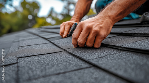 Roofer installing asphalt shingles on residential house, close-up of hands