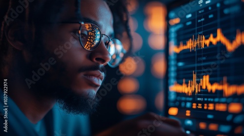 Man in glasses looking at a screen with financial charts of crypto currency photo