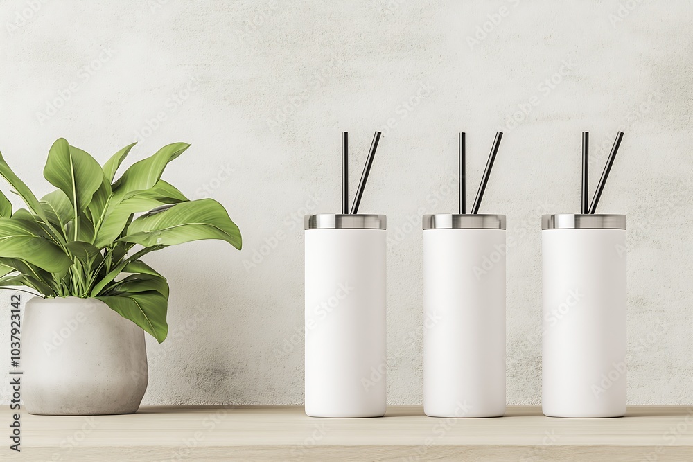 Minimalist Staycool Tumblers with Straws Pairing with Lush Green Plant for Sustainable Living : Generative AI Minimalist Staycool Tumblers with Straws Pairing with Lush Green Plant for Sustainable Living : Generative AI
